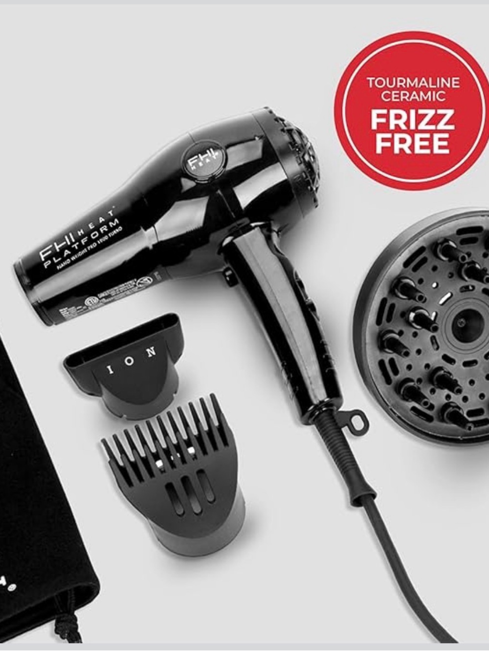 FHI Heat Platform Black Hair Dryer with Diffuser & Styling Nozzles